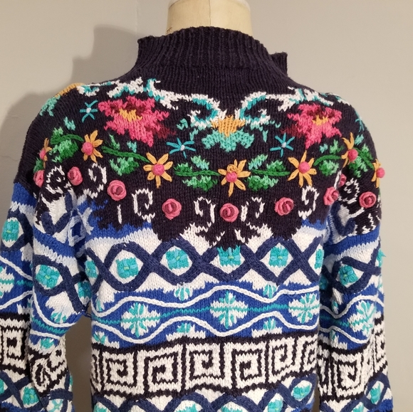 VINTAGE HAND KNIT SWEATER JENNIFER REED CHUNKY 90S SIZE M 🌺 FLORAL GEOMETRIC 3D - Picture 8 of 11